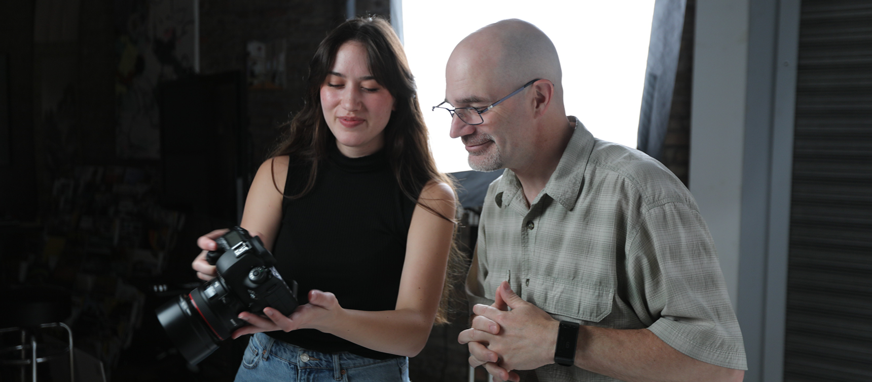 team looking at photos