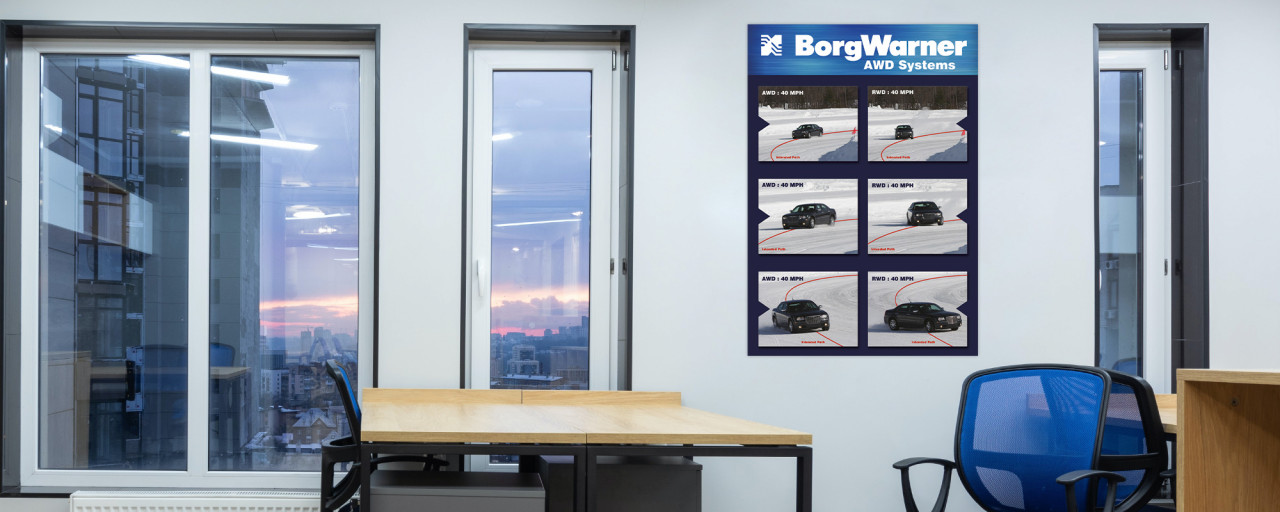 BorgWarner vehicle poster design on office wall